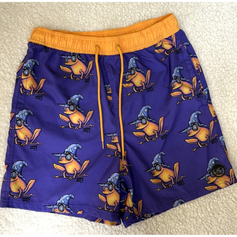 NEFF Men's Swim‎ Shorts Size Large Wizard Frog Magic Graphic Bathing Suit Trunks